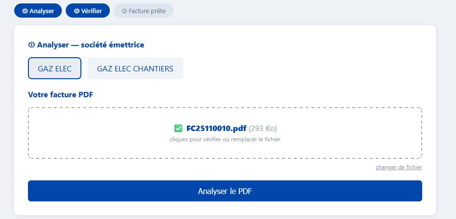 Écran SlideFacture pour déposer une facture PDF et choisir la société émettrice