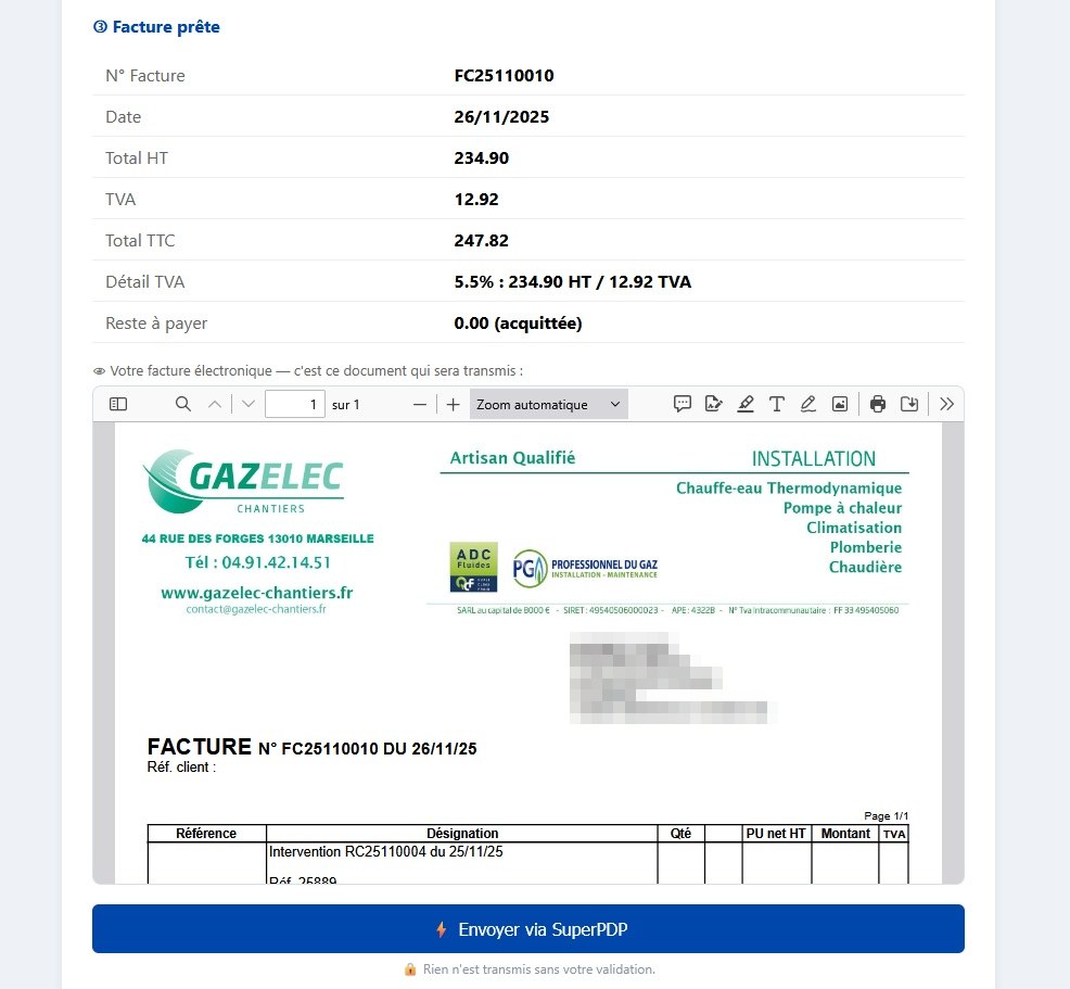 Aperçu d'une facture électronique Factur-X prête avant son envoi via la plateforme agréée