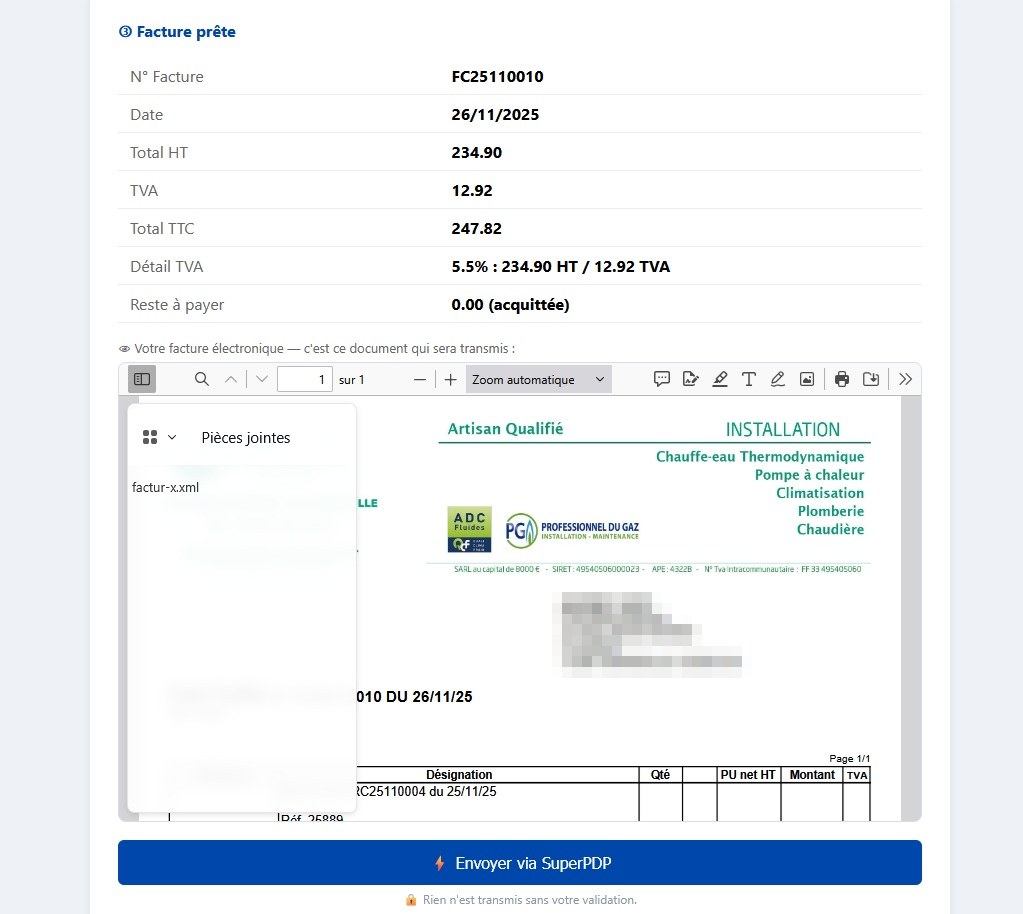 Facture Factur-X conforme EN 16931 avec fichier XML structuré embarqué dans le PDF