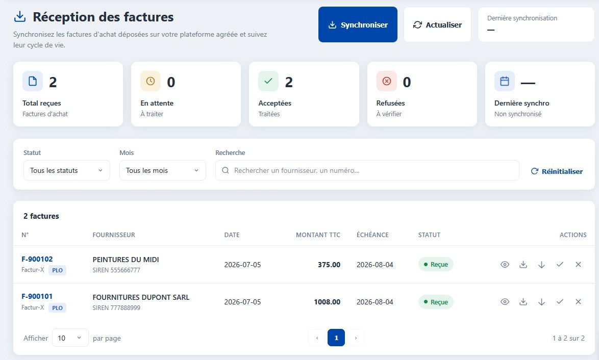 Liste des factures électroniques d'achat reçues avec fournisseur, montant, échéance et statut